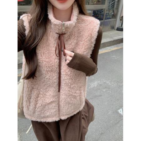 FA53841# 减龄少女粉色立领羊羔毛马甲外套女两面穿灯芯绒波点马夹 服裝批發女裝批發服飾貨源