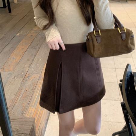 FA53842# 毛呢侧开叉半身裙裤女高腰显瘦百搭A字包臀裙防走光短裙 服裝批發女裝批發服飾貨源