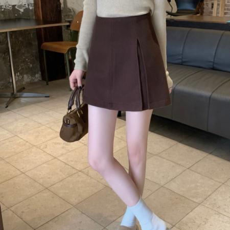 FA53842# 毛呢侧开叉半身裙裤女高腰显瘦百搭A字包臀裙防走光短裙 服裝批發女裝批發服飾貨源