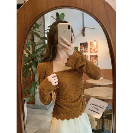 FA53843# 秋冬法式气质方领修身显瘦磨毛蕾丝刺绣打底衫上衣女 服裝批發女裝批發服飾貨源