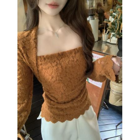 FA53843# 秋冬法式气质方领修身显瘦磨毛蕾丝刺绣打底衫上衣女 服裝批發女裝批發服飾貨源