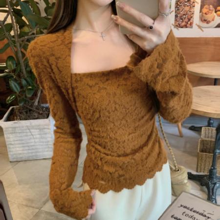 FA53843# 秋冬法式气质方领修身显瘦磨毛蕾丝刺绣打底衫上衣女 服裝批發女裝批發服飾貨源