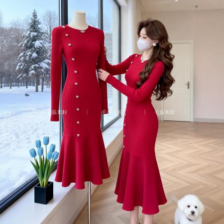 FA53850# 韩国针织毛衣连衣裙秋冬本命年订婚回门敬酒红色鱼尾配大衣打底裙 服裝批發女裝批發服飾貨源