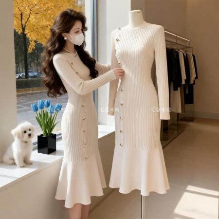 FA53850# 韩国针织毛衣连衣裙秋冬本命年订婚回门敬酒红色鱼尾配大衣打底裙 服裝批發女裝批發服飾貨源