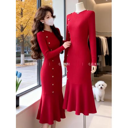 FA53850# 韩国针织毛衣连衣裙秋冬本命年订婚回门敬酒红色鱼尾配大衣打底裙 服裝批發女裝批發服飾貨源