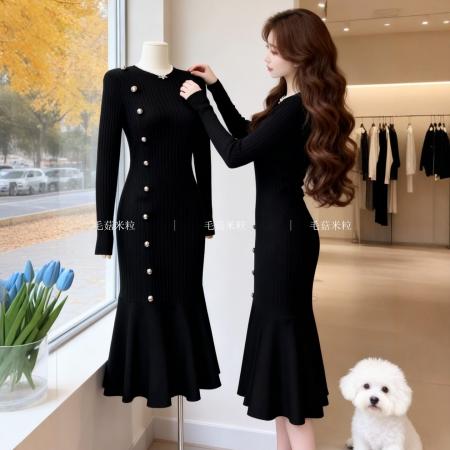 FA53850# 韩国针织毛衣连衣裙秋冬本命年订婚回门敬酒红色鱼尾配大衣打底裙 服裝批發女裝批發服飾貨源