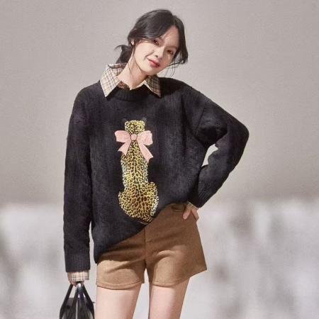 FA53851# 韩系氛围感穿搭软糯糯猎豹蝴蝶结外套女冬季温柔风长袖上衣 服裝批發女裝批發服飾貨源