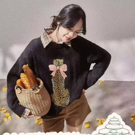 FA53851# 韩系氛围感穿搭软糯糯猎豹蝴蝶结外套女冬季温柔风长袖上衣 服裝批發女裝批發服飾貨源