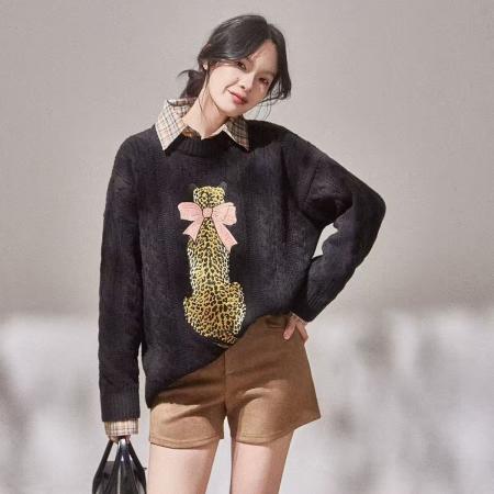 FA53851# 韩系氛围感穿搭软糯糯猎豹蝴蝶结外套女冬季温柔风长袖上衣 服裝批發女裝批發服飾貨源