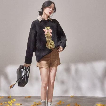 FA53851# 韩系氛围感穿搭软糯糯猎豹蝴蝶结外套女冬季温柔风长袖上衣 服裝批發女裝批發服飾貨源