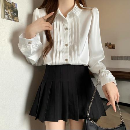 FA53853# 大码衬衣.钉珠领口新款娃娃领衬衫女时尚气质抽褶长袖 服裝批發女裝批發服飾貨源