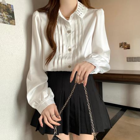 FA53853# 大码衬衣.钉珠领口新款娃娃领衬衫女时尚气质抽褶长袖 服裝批發女裝批發服飾貨源