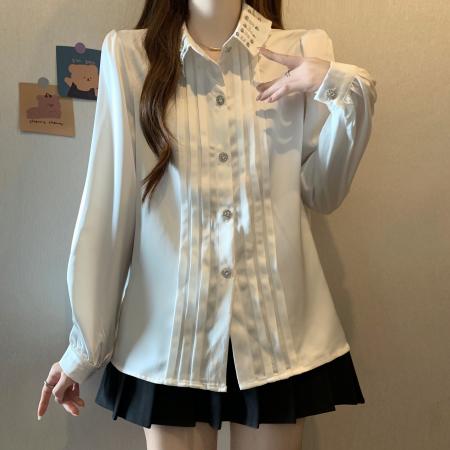 FA53853# 大码衬衣.钉珠领口新款娃娃领衬衫女时尚气质抽褶长袖 服裝批發女裝批發服飾貨源