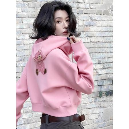 FA53855# 粉色小熊刺绣连帽卫衣冬季独特漂亮超好看温柔减龄宽松慵懒风上衣 服裝批發女裝批發服飾貨源