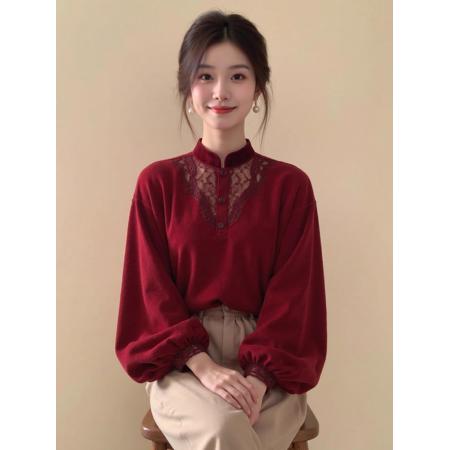 FA53856# 新中式女装红色蕾丝拼接灯笼袖丝绒旗袍上衣25冬季本命年国风外套 服裝批發女裝批發服飾貨源