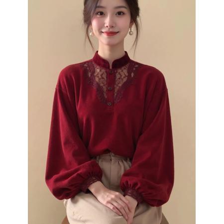 FA53856# 新中式女装红色蕾丝拼接灯笼袖丝绒旗袍上衣25冬季本命年国风外套 服裝批發女裝批發服飾貨源