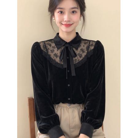 FA53857# 新中式女装黑色蕾丝拼接蝴蝶结丝绒衬衫25冬高级感超好看国风上衣 服裝批發女裝批發服飾貨源