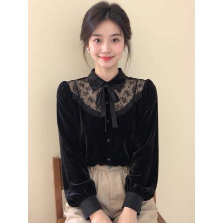 FA53857# 新中式女装黑色蕾丝拼接蝴蝶结丝绒衬衫25冬高级感超好看国风上衣 服裝批發女裝批發服飾貨源