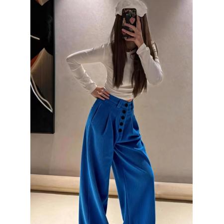 FA53858# 蓝色灯芯绒阔腿裤女冬季加厚直筒休闲巨好看的梨形报恩雪尼尔裤子 服裝批發女裝批發服飾貨源