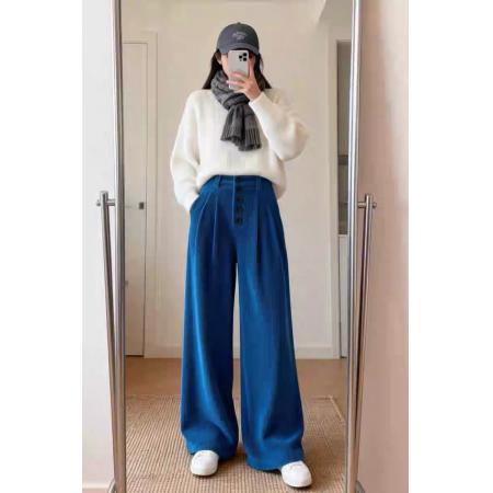 FA53858# 蓝色灯芯绒阔腿裤女冬季加厚直筒休闲巨好看的梨形报恩雪尼尔裤子 服裝批發女裝批發服飾貨源