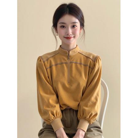 FA53859# 新中式女装姜黄色立领灯笼袖丝绒上衣25冬宽松显瘦高级感国风小衫 服裝批發女裝批發服飾貨源