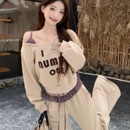 FA53860# 曼巴棉复古长袖斜肩印花卫衣高腰拼接条纹阔腿休闲裤女秋季套装 服裝批發女裝批發服飾貨源