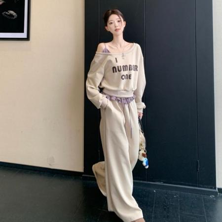 FA53860# 曼巴棉复古长袖斜肩印花卫衣高腰拼接条纹阔腿休闲裤女秋季套装 服裝批發女裝批發服飾貨源