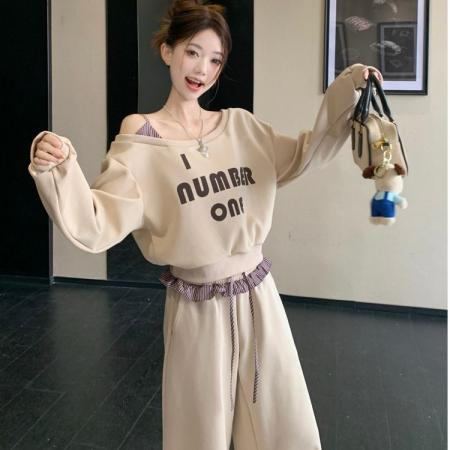 FA53860# 曼巴棉复古长袖斜肩印花卫衣高腰拼接条纹阔腿休闲裤女秋季套装 服裝批發女裝批發服飾貨源