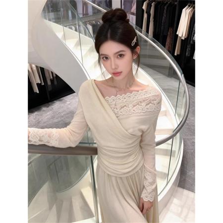 FA53861# 原版布料设计感交叉V领蕾丝拼接斜肩上衣百搭长袖上衣 服裝批發女裝批發服飾貨源