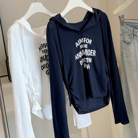 FA53862# 懒人棉早秋新款洋气修身褶皱显瘦字母印花抽绳连帽长袖T恤女ins 服裝批發女裝批發服飾貨源