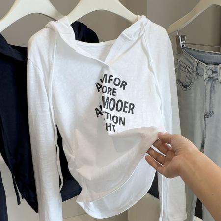 FA53862# 懒人棉早秋新款洋气修身褶皱显瘦字母印花抽绳连帽长袖T恤女ins 服裝批發女裝批發服飾貨源