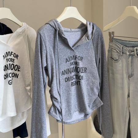 FA53862# 懒人棉早秋新款洋气修身褶皱显瘦字母印花抽绳连帽长袖T恤女ins 服裝批發女裝批發服飾貨源