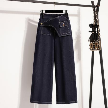 FA53865# 春新款大码阔腿牛仔长裤胖MM弹力网红直筒裤遮肚松紧腰裙裤 服裝批發女裝批發服飾貨源