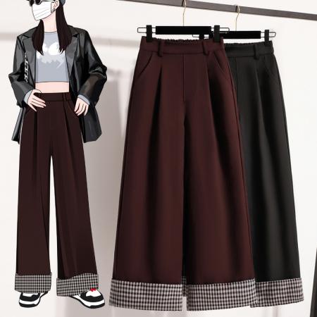 FA53866# 春新款大码弹力直筒格子西装阔腿女裤胖MM垂坠感长裤 服裝批發女裝批發服飾貨源