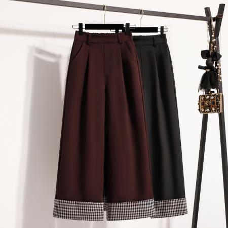 FA53866# 春新款大码弹力直筒格子西装阔腿女裤胖MM垂坠感长裤 服裝批發女裝批發服飾貨源