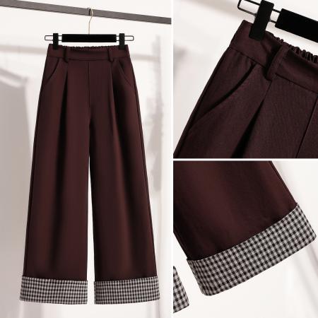 FA53866# 春新款大码弹力直筒格子西装阔腿女裤胖MM垂坠感长裤 服裝批發女裝批發服飾貨源