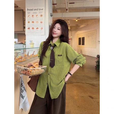 FA53867# 美式复古学院风牛油果绿长袖衬衫春季新款百搭叠穿休闲上衣 服裝批發女裝批發服飾貨源
