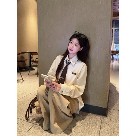 FA53867# 美式复古学院风牛油果绿长袖衬衫春季新款百搭叠穿休闲上衣 服裝批發女裝批發服飾貨源