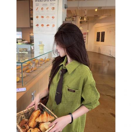 FA53867# 美式复古学院风牛油果绿长袖衬衫春季新款百搭叠穿休闲上衣 服裝批發女裝批發服飾貨源