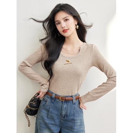 FA53868# 春新款高品质坑条磨毛爱心刺绣链条镂空软糯修身打底衫 服裝批發女裝批發服飾貨源