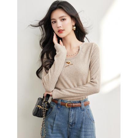 FA53868# 春新款高品质坑条磨毛爱心刺绣链条镂空软糯修身打底衫 服裝批發女裝批發服飾貨源