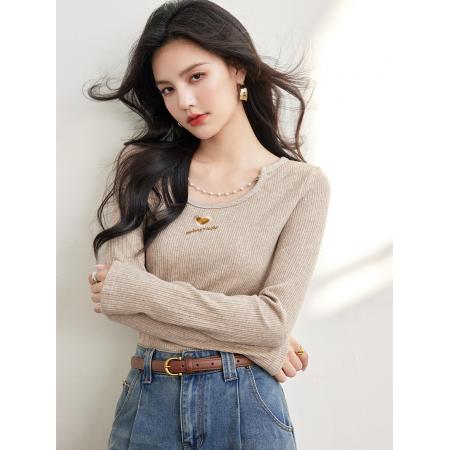 FA53868# 春新款高品质坑条磨毛爱心刺绣链条镂空软糯修身打底衫 服裝批發女裝批發服飾貨源