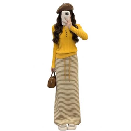 FA53869# 早春新款修身纯欲韩系淑女黄色V领纽扣毛衣显瘦条纹半身长裙 服裝批發女裝批發服飾貨源