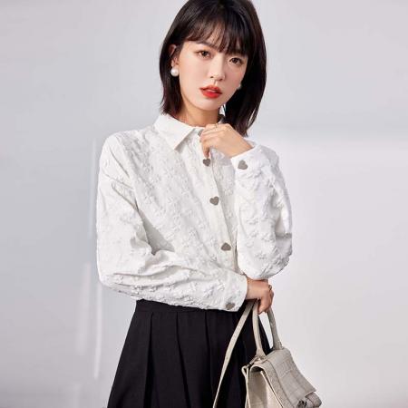 FA53870# 新款设计感法式提花长袖衬衫女白色打底衬衫 服裝批發女裝批發服飾貨源