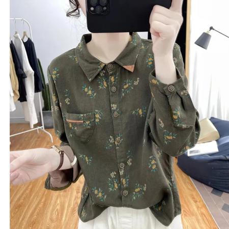 FA53871# 时尚碎花大码宽松纯棉衬衫女早春新款洋气宽松秋装长袖上衣薄 服裝批發女裝批發服飾貨源