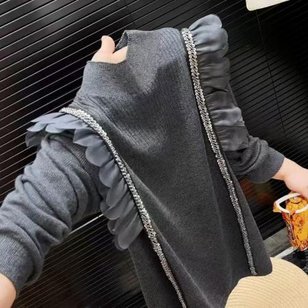 FA53873# 法式洋气设计感荷叶边针织衫女秋冬胖MM百搭修身显瘦大码毛衣 服裝批發女裝批發服飾貨源