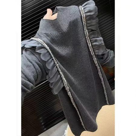 FA53873# 法式洋气设计感荷叶边针织衫女秋冬胖MM百搭修身显瘦大码毛衣 服裝批發女裝批發服飾貨源