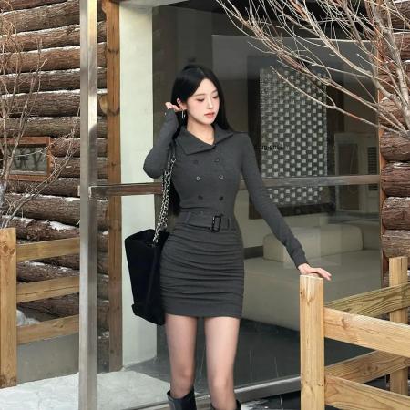 FA53877# 加绒冬季连衣裙修身御姐高领双排扣搭腰带气质显瘦鱼尾包臀裙 服裝批發女裝批發服飾貨源