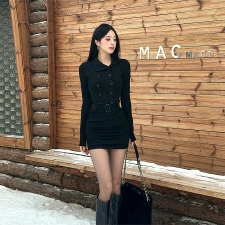 FA53877# 加绒冬季连衣裙修身御姐高领双排扣搭腰带气质显瘦鱼尾包臀裙 服裝批發女裝批發服飾貨源