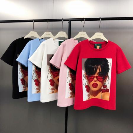 FA53880# 早春！美式潮牌重工烫砖人物印花潮流时尚短袖T恤 服裝批發女裝批發服飾貨源